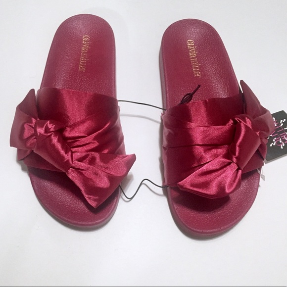 Olivia Miller Burgundy Satin Bow Slide Sandals - Picture 2 of 7